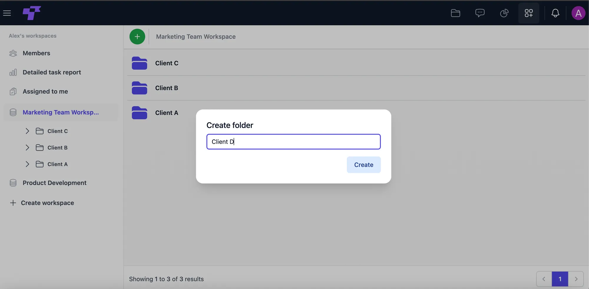 The Create folder dialog inside a workspace