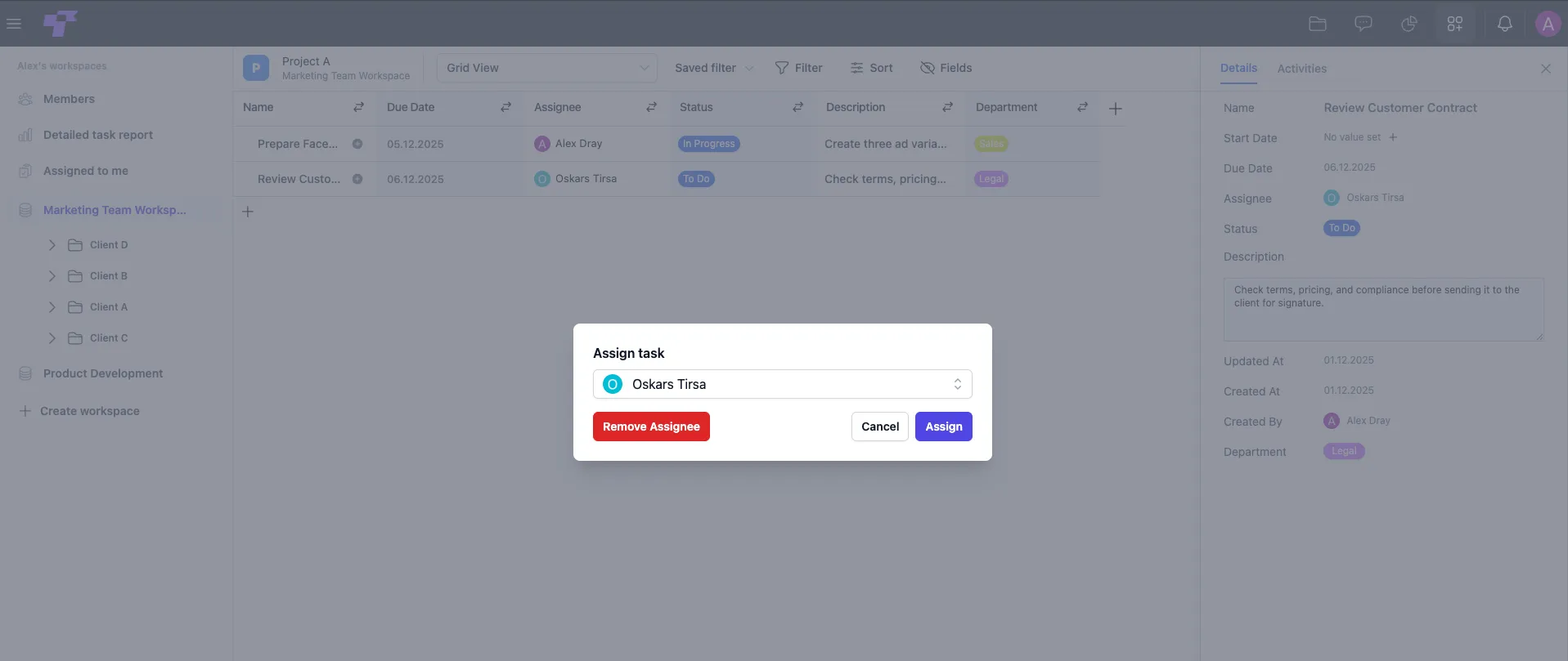 The Assign task dialog, with a teammate selected