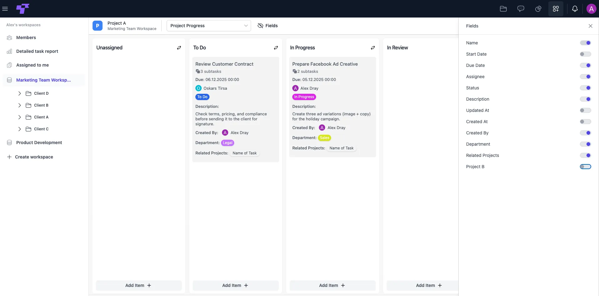 A Kanban board with tasks in To Do and In Progress columns