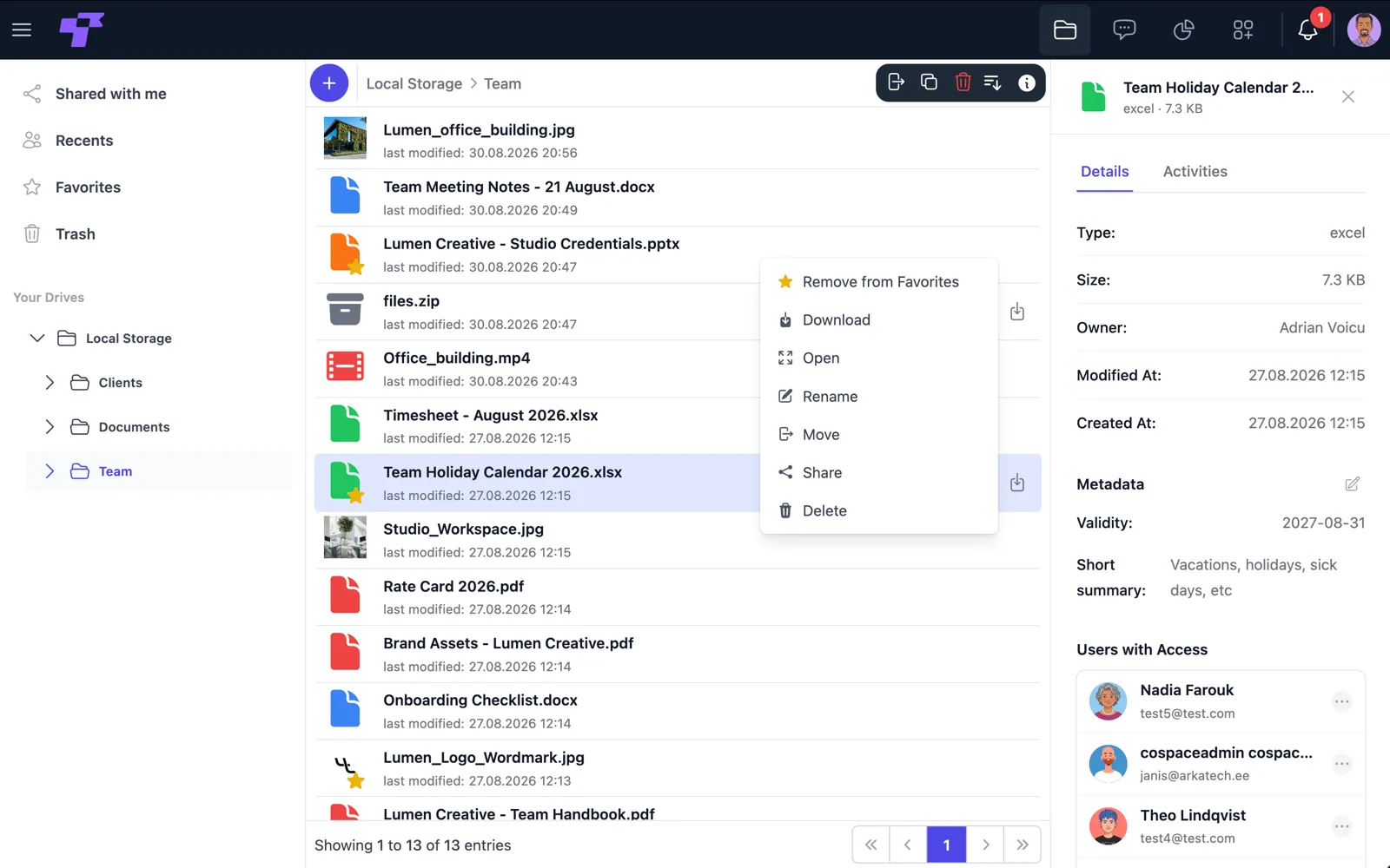 A Twigex Files workspace showing a shared team folder, with file details, validity, and access permissions in a side panel