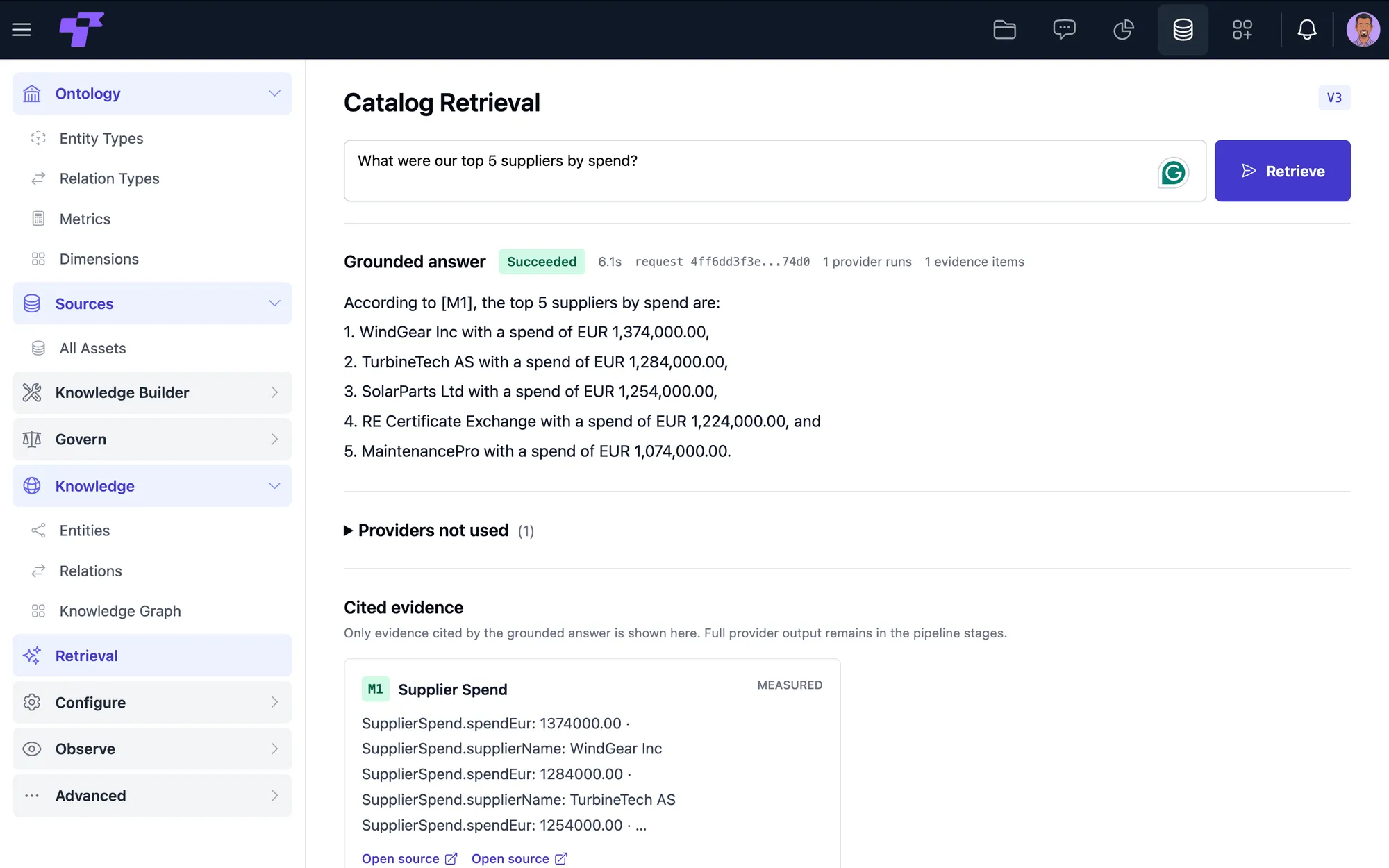 A Twigex AI Agents retrieval screen answering a question with a grounded answer and cited evidence