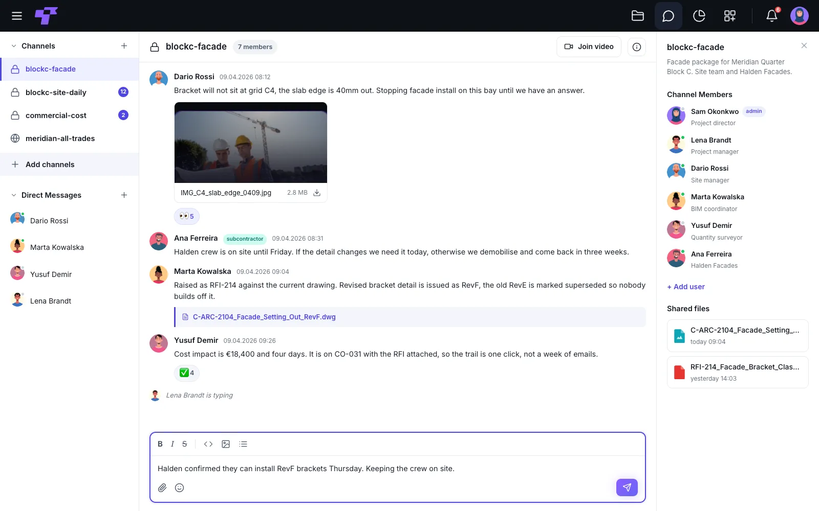 A Twigex Chat site channel where a site manager flags a facade bracket clash with a photo and a BIM coordinator raises an RFI against the drawing