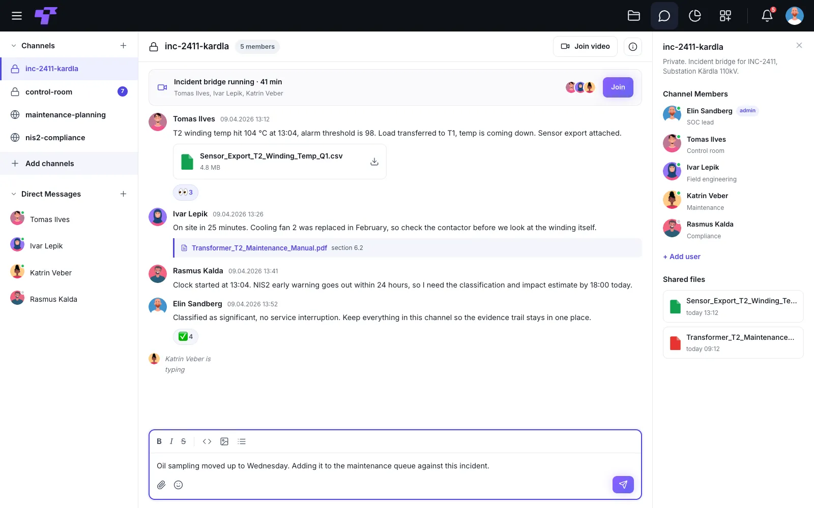 A private incident bridge channel in Twigex Chat for a substation alarm, with the team citing a specific section of the maintenance manual and tracking the NIS2 notification deadline