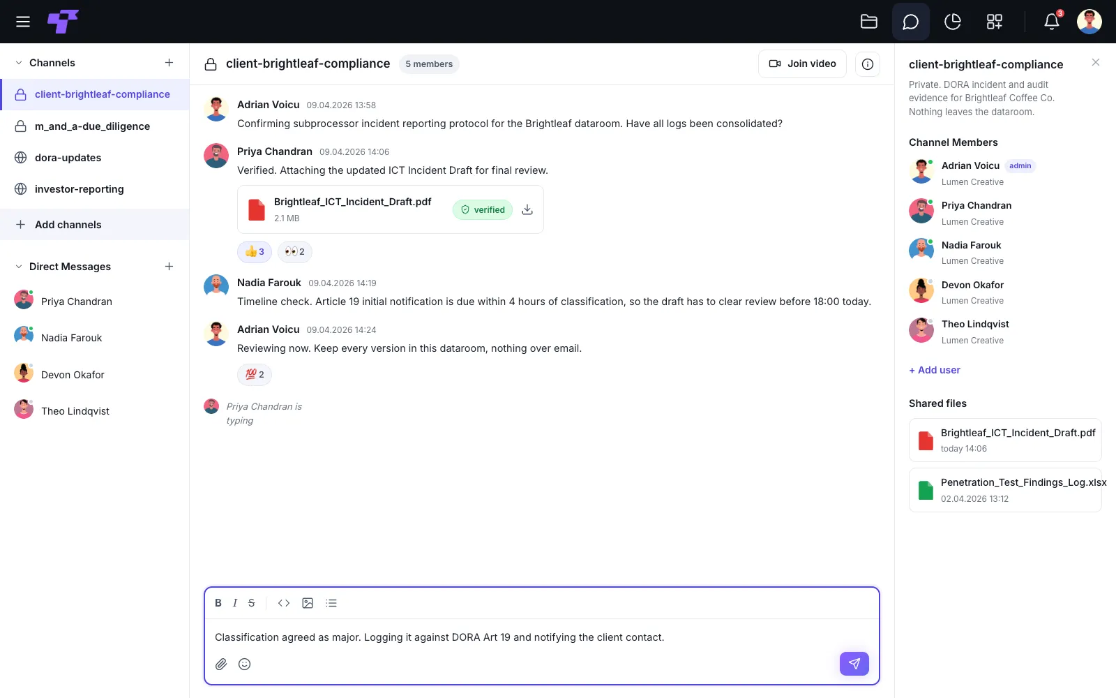 A private compliance channel in Twigex Chat showing a DORA Article 19 incident classification being reviewed and logged