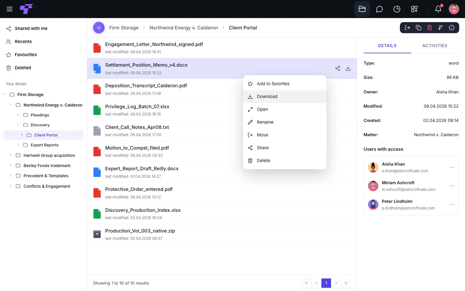 Twigex Files showing a law firm's document store for a litigation matter, with separate folders for pleadings, discovery, a client portal, and expert reports