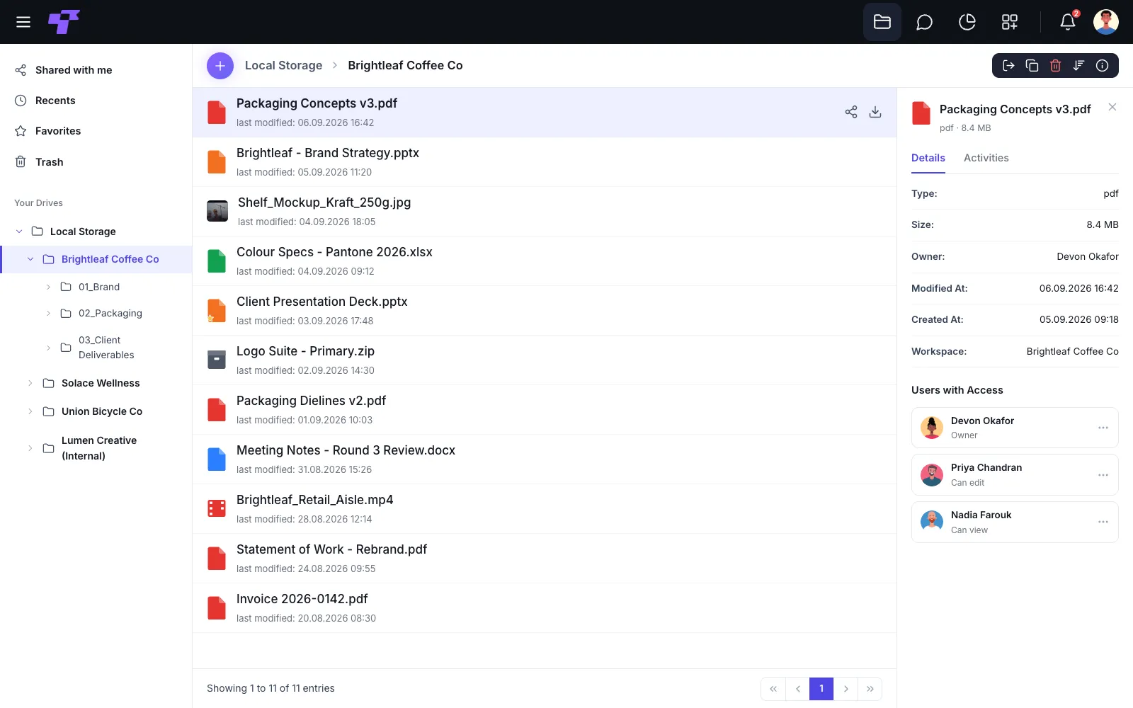 A Twigex Files workspace showing separate folders per client, so no client ever sees another client's data