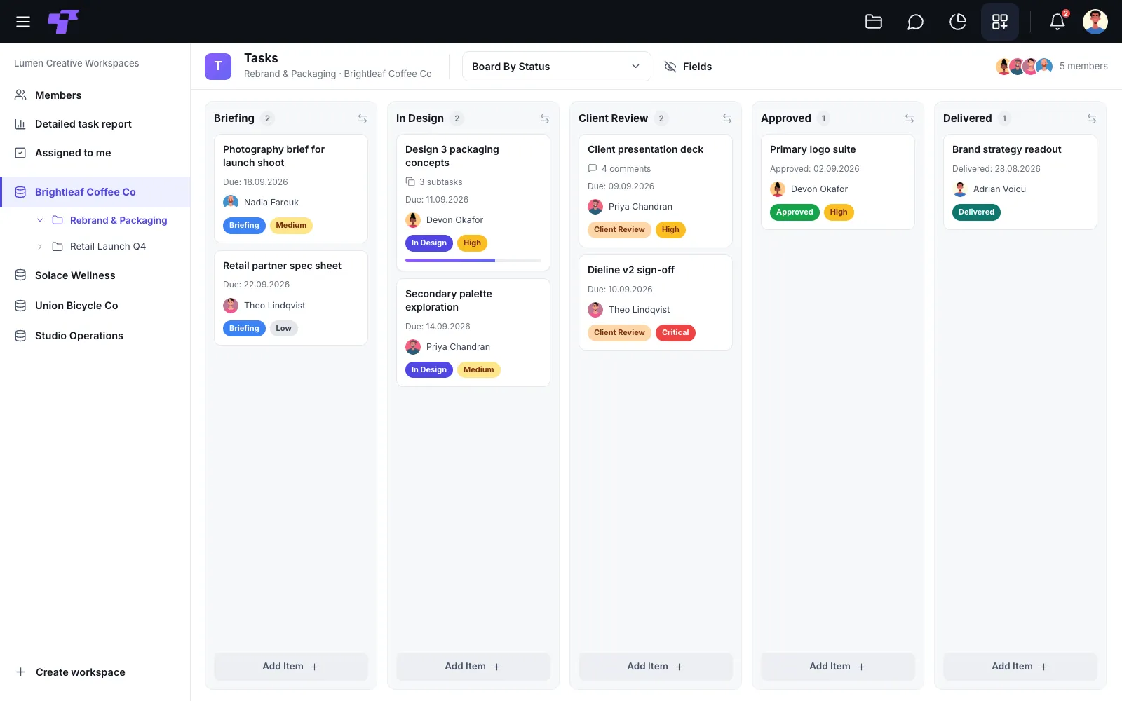 A Twigex Apps & Projects board tracking a client rebrand campaign from briefing through delivery