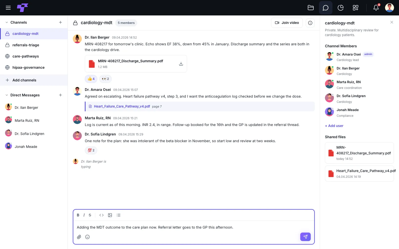 A private cardiology MDT channel in Twigex Chat showing clinicians linking a decision directly to a specific page of the care pathway document